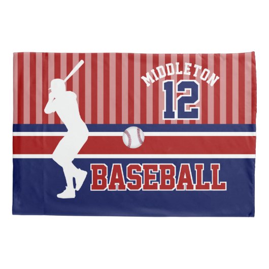 野球のスポーツデザイン-濃い赤と青 枕カバー (裏面)