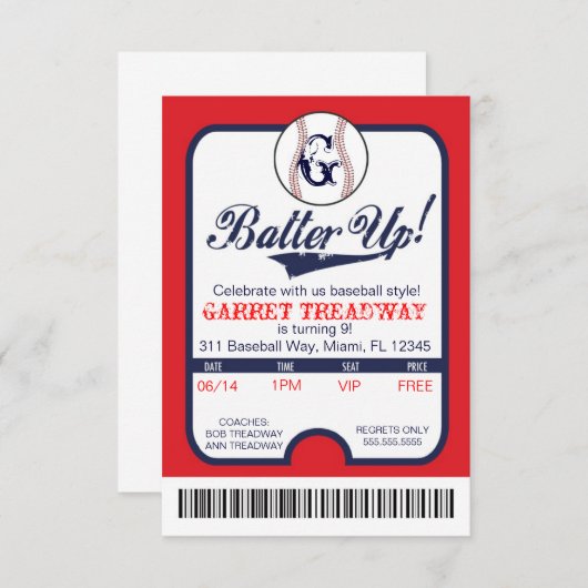 野球のチケットのお祝いまたは誕生日の上のLGCのねり粉 招待状 (正面/裏面)