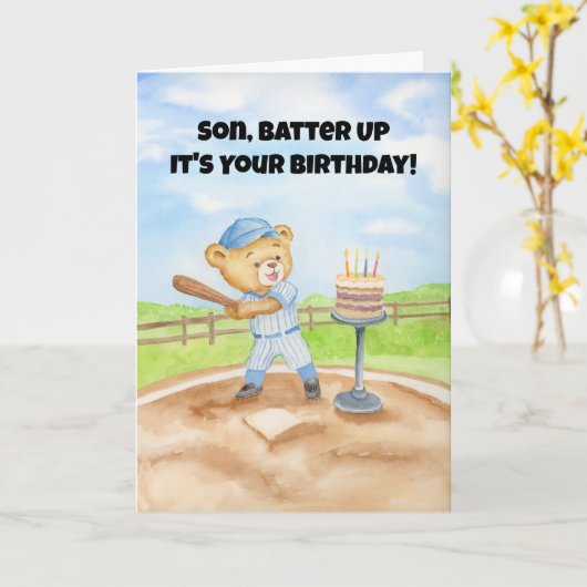 野球のテディベアで息子の誕生日をお祝いしよう カード (黄色い花)
