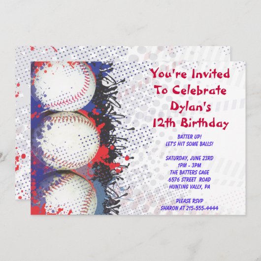 野球のテーマの招待状のハッピーバースデーのパーティー 招待状 (正面/裏面)