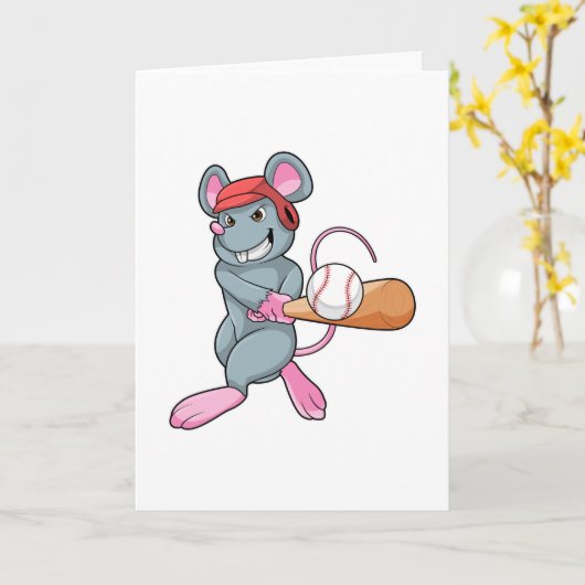 野球のバットとヘルメットを持ったネズミ カード (黄色い花)