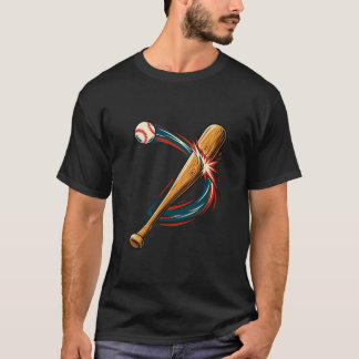 野球のバットとボールのダイナミックなスイング グラフィック Tシャツ