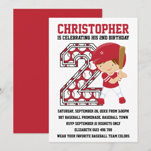 野球のバットの赤と白の2歳の誕生日パーティー 招待状 (正面/裏面)