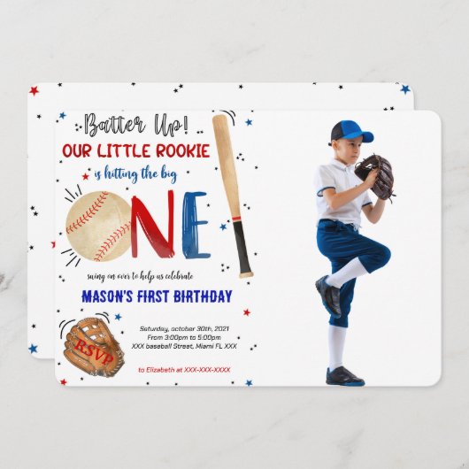 野球のファーストバースデーフォト招待状 招待状 (正面/裏面)