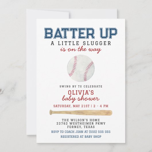 野球のベイビーシャワーを打者にする 招待状 (正面)