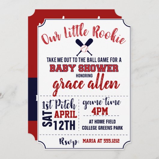 野球のベビーシャワーの招待 招待状 (正面/裏面)