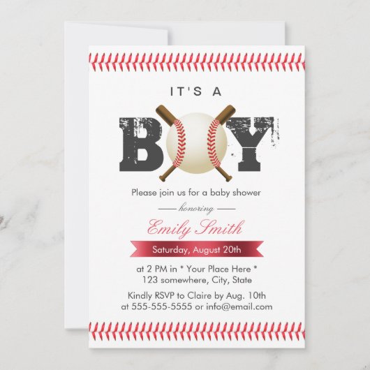 野球のベビーシャワーを縫う少年野球 招待状 (正面)