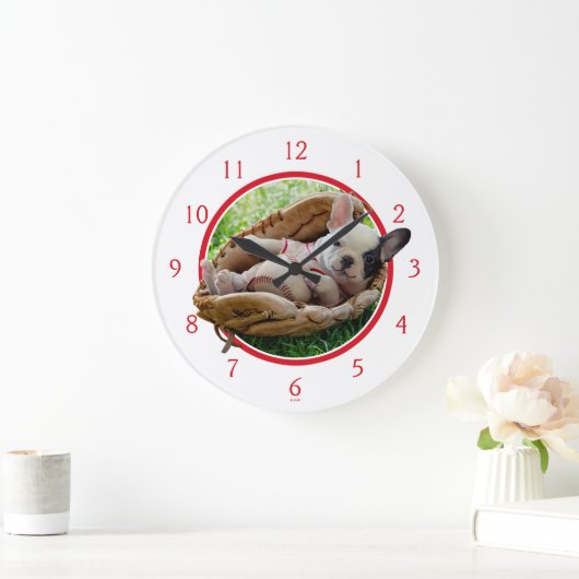 野球のミットを描いたかわいい子犬 ラージ壁時計 (ホーム)