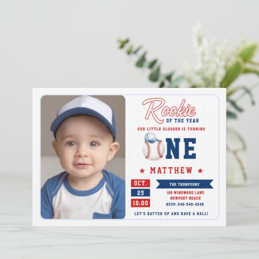 野球のルーキーキャップストライプズ写真少年1歳の誕生日 招待状 (スタンド正面)