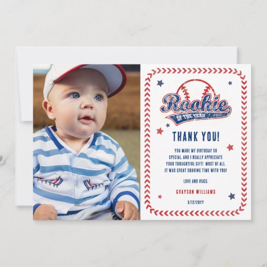 野球のルーキー1歳の誕生日パーティー写真 サンキューカード (正面)