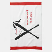 野球の交差こうもりとキャップ黒赤カスタム キッチンタオル (縦)
