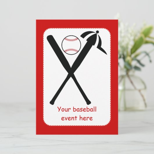 野球の交差こうもりとキャップ黒赤カスタム 招待状 (スタンド正面)