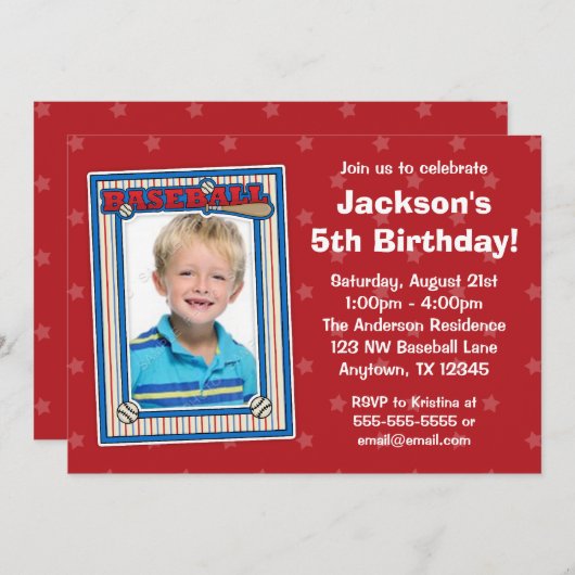 野球の写真の誕生会の赤は招待状を主演します 招待状 (正面/裏面)