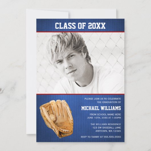 野球の卒業ブルーレッド写真 招待状 (正面)