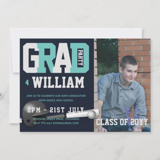 野球の卒業写真の招待状ブルー 招待状 (正面)