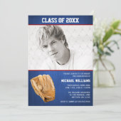 野球の卒業式の青い赤い写真 招待状 (スタンド正面)