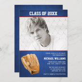 野球の卒業式の青い赤い写真 招待状 (正面/裏面)