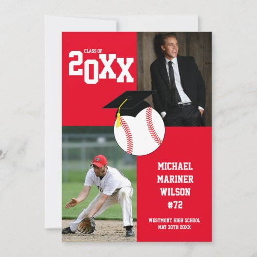 野球の卒業式スポーツ赤い写真の発表 招待状 (正面)
