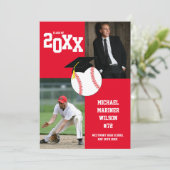 野球の卒業式スポーツ赤い写真の発表 招待状 (スタンド正面)