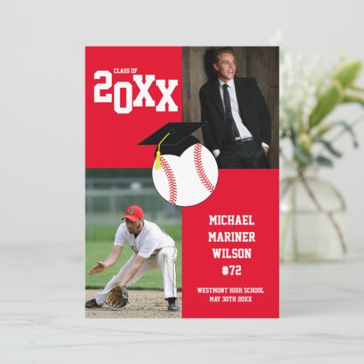 野球の卒業式スポーツ赤い写真の発表 招待状 (スタンド正面)