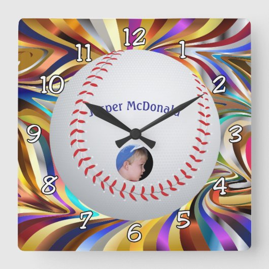 野球の多色背景フォトパーソナライズ スクエア壁時計 (正面)