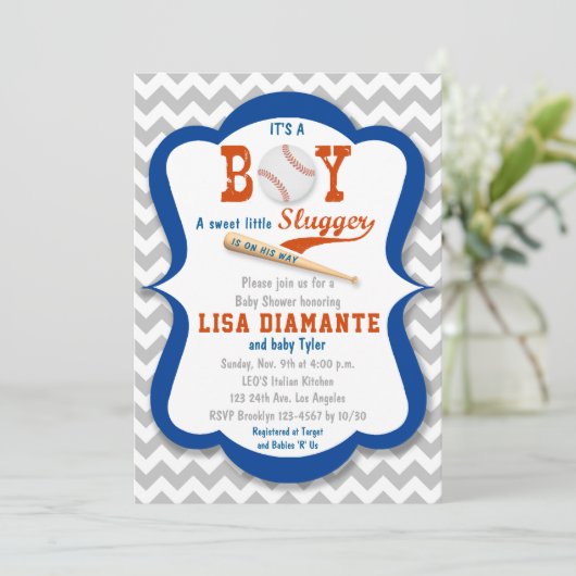野球の小さい強打者の男の子のベビーシャワーの招待状 招待状 (スタンド正面)