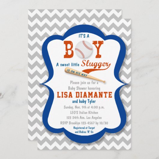 野球の小さい強打者の男の子のベビーシャワーの招待状 招待状 (正面/裏面)