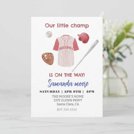 野球の小さなチャンプベビーシャワーの招待 招待状 (スタンド正面)