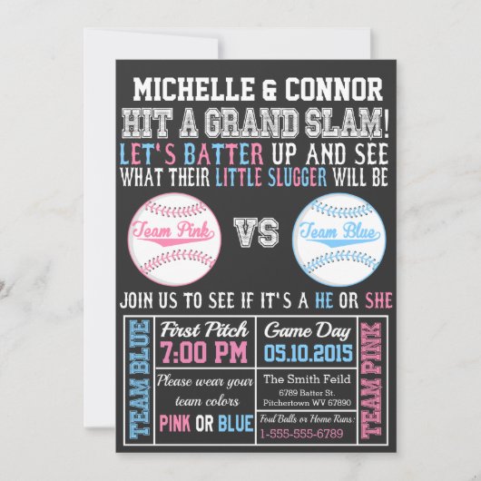 野球の性別発表パーティー招待チョークボード 招待状 (正面)