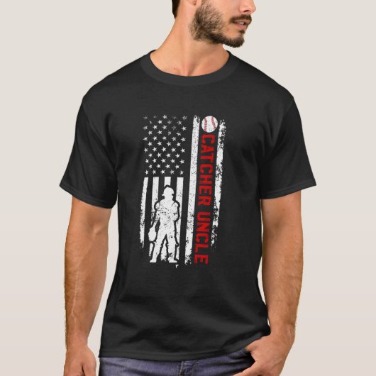 野球の捕手 野球の捕手のおじさん アメリカ国旗 Tシャツ (正面)