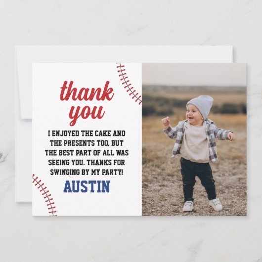 野球の新人の少年1歳の誕生日の写真 サンキューカード (正面)