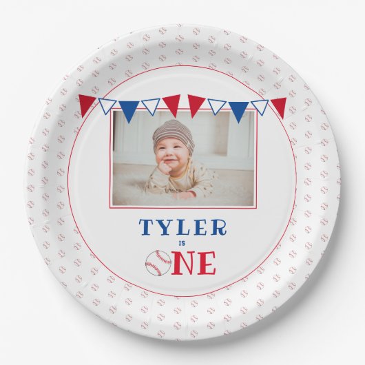 野球の最初の誕生日パーティー写真 ペーパープレート (正面)