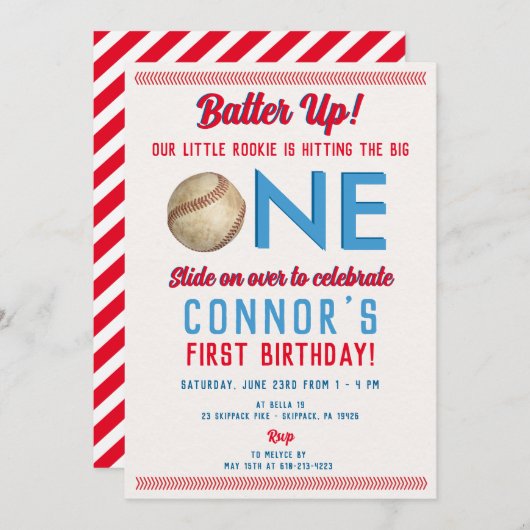 野球の最初の誕生日プリントまたはデジタル 招待状 (正面/裏面)