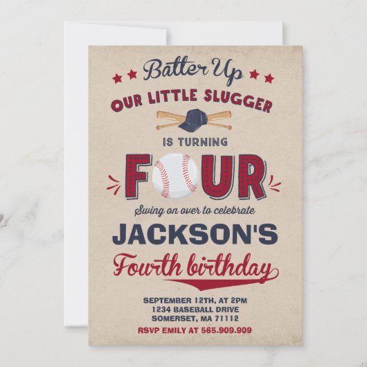 野球の誕生日の招待状の野球の第4誕生日 招待状 (正面)