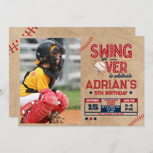 野球の誕生日の男の子写真 招待状 (正面/裏面)