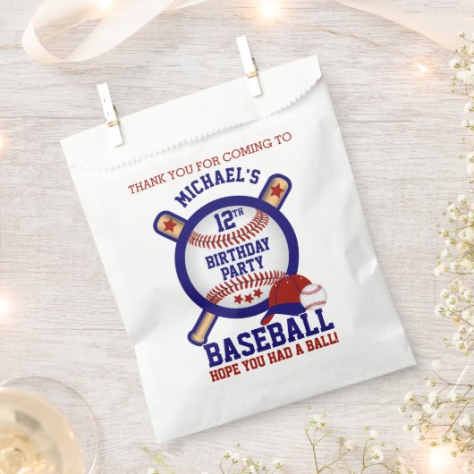 野球の誕生日テーマ ⚾ - 赤、ありがとう フェイバーバッグ (クリップ留めされた状態)