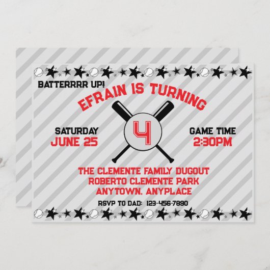 野球の誕生日パーティーを盛り上げる 招待状 (正面/裏面)
