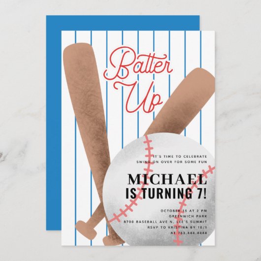 野球の誕生日パーティーを盛り上げる 招待状 (正面/裏面)