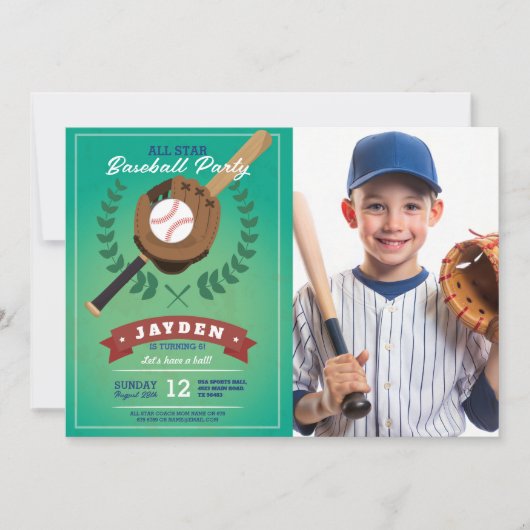 野球の誕生日パーティースポーツオールスターフォト 招待状 (正面)