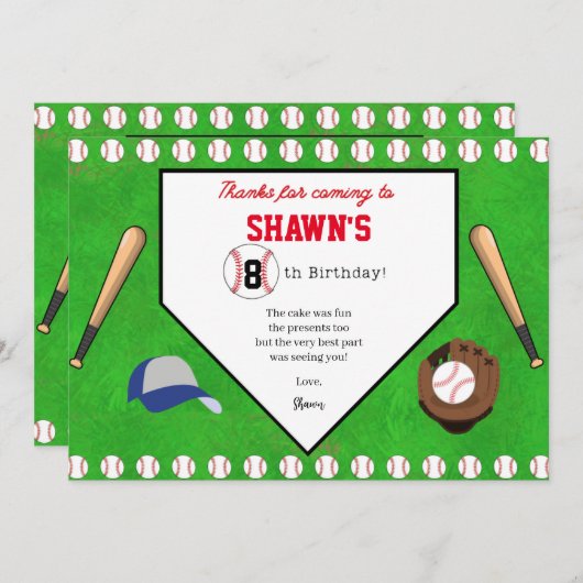 野球の誕生日パーティープレート感謝カード サンキューカード (正面/裏面)