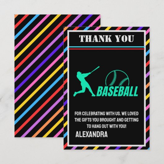 野球の誕生日パーティー、野球少女選手 サンキューカード (正面/裏面)