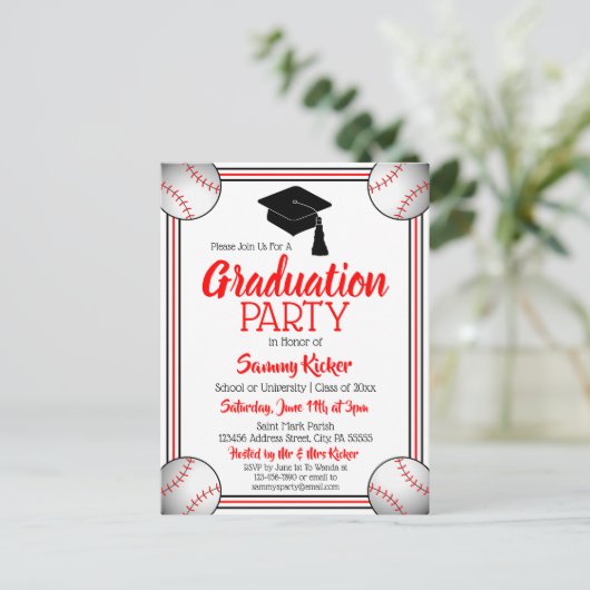 野球の赤と黒の卒業パーティー インビテーションポストカード (スタンド正面)