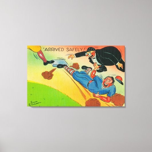 野球の選手がベースに滑って到着 キャンバスプリント (正面)