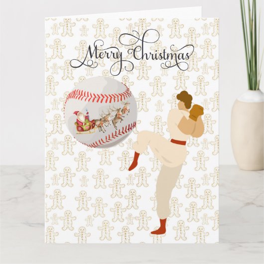 野球の選手とサンタクロースのクリスマス カード (正面)