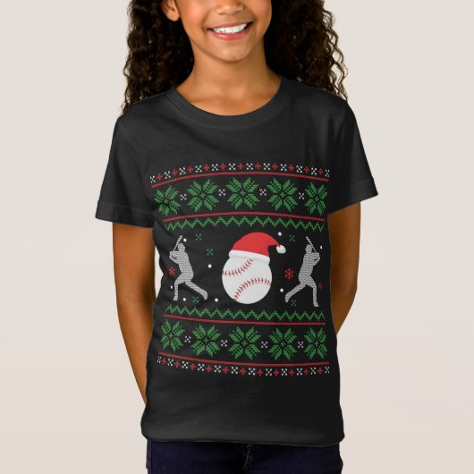 野球の醜いクリスマスセーターおもしろいクリスマスベースバル Tシャツ (正面)