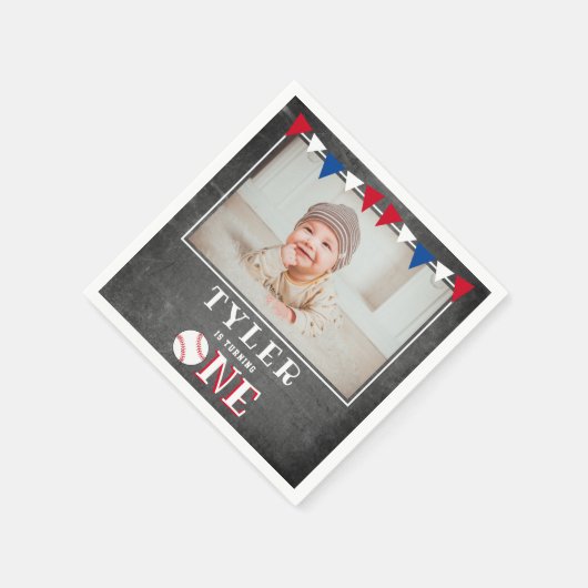 野球の黒板フラグ1stバースデーフォト スタンダードカクテルナプキン (角)