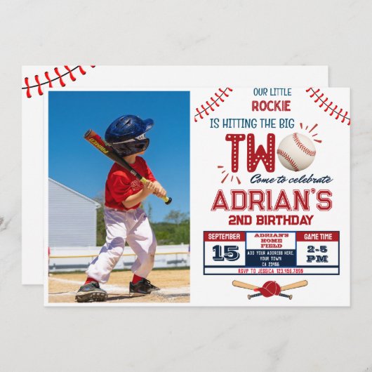 野球の2回目の誕生日の少年の写真 招待状 (正面/裏面)