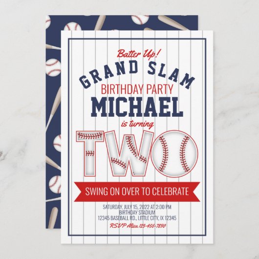 野球の2歳の誕生日パーティー招待状 招待状 (正面/裏面)