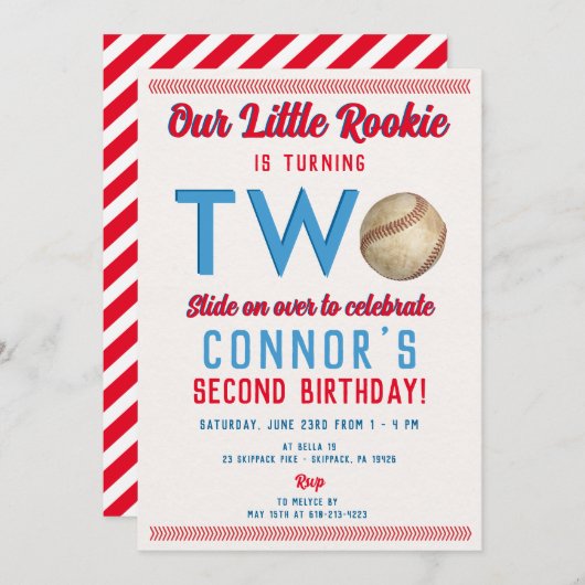 野球の2番目の誕生日プリントまたはデジタル 招待状 (正面/裏面)