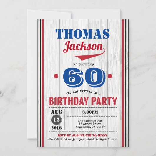 野球の60歳の誕生日の招待状。成人男性 招待状 (正面)